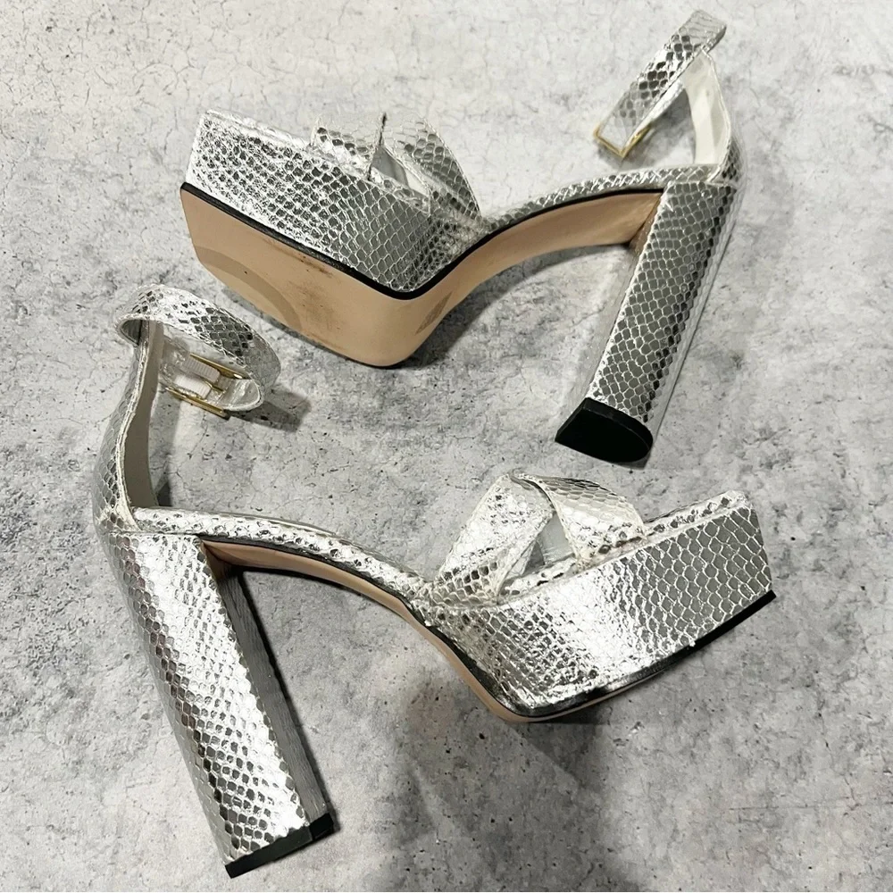 Good American Ankle Strap Open Toe Platform Sandals Silver Size 8